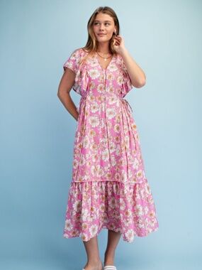 Vibrant Floral Print V-neck Midi Dress